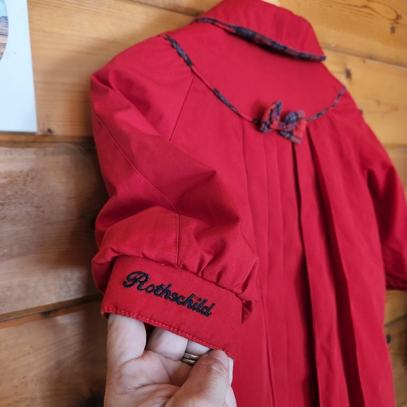 Rothschild 💜 Vintage Red Dress Coat Jacket Pleated Plaid Faux Fur Lined Girls 4 - Picture 3 of 11